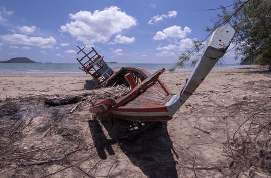 Storm damage. Fishing boat are damaged. Boat collapsed.