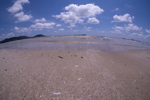 Daytime beach wide angle. Sairee Beach, March 2019. Fluffy white clouds and blue skies.
