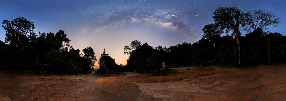 Panorama, the Milky Way above the tree shadow during the Twilight Before sunrise, pagoda on the hilltop