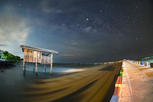 Old wooden house, no longer living in the sea, no way up the house Taken with the Milky Way as the back ground	

