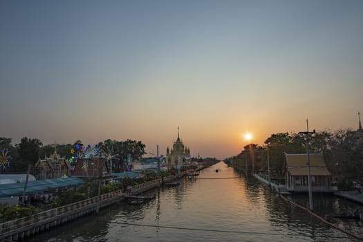 Buddhist ceremonies, temples, evening lighting and decorative lights at Buddhist temples