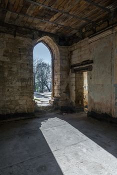 Abandoned Kuris castle in the village of Petrovka near Odessa, Ukraine. Ruined architectural monument of Romanticism