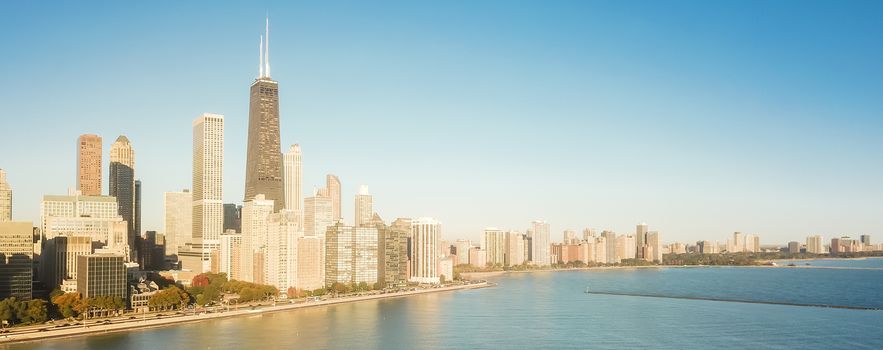 Panorama aerial view lakefront Chicago skylines along Lake Shore Drive in early fall morning