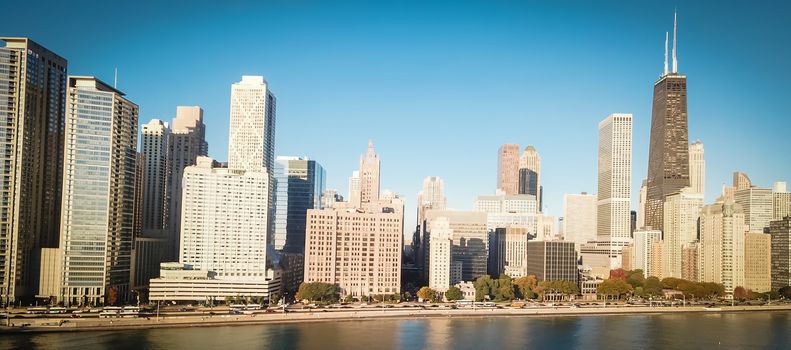 Panorama aerial view lakefront Chicago skylines along Lake Shore Drive in early fall morning