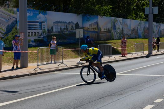 MINSK, BELARUS - JUNE 25, 2019: Cyclist from Ukraine participates in Men Split Start Individual Race at the 2nd European Games event June 25, 2019 in Minsk, Belarus