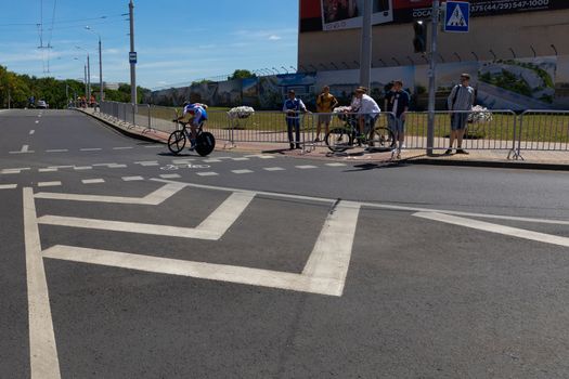 MINSK, BELARUS - JUNE 25, 2019: Cyclist from Moldova Korotas participates in Men Split Start Individual Race at the 2nd European Games event June 25, 2019 in Minsk, Belarus