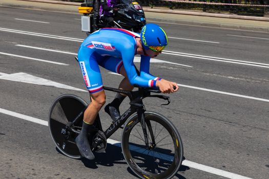 MINSK, BELARUS - JUNE 25, 2019: Cyclist from Czech Republic on Author bike participates in Men Split Start Individual Race at the 2nd European Games event June 25, 2019 in Minsk, Belarus