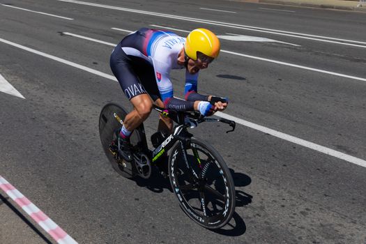 MINSK, BELARUS - JUNE 25, 2019: Cyclist from Slovakia Canecky participates in Men Split Start Individual Race at the 2nd European Games event June 25, 2019 in Minsk, Belarus