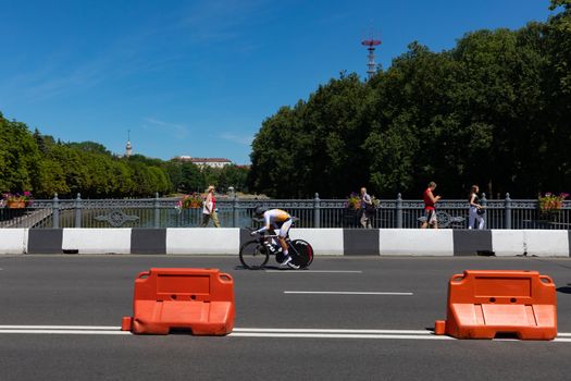 MINSK, BELARUS - JUNE 25, 2019: Cyclist from Cyprus participates in Men Split Start Individual Race at the 2nd European Games event June 25, 2019 in Minsk, Belarus