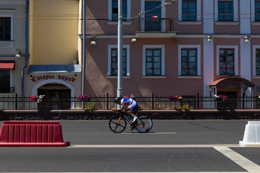 MINSK, BELARUS - JUNE 25, 2019: Cyclist from Moldova participates in Men Split Start Individual Race at the 2nd European Games event June 25, 2019 in Minsk, Belarus