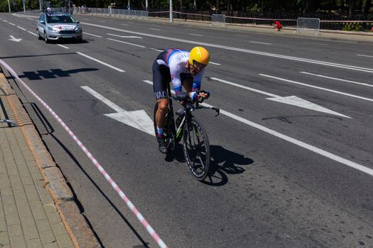 MINSK, BELARUS - JUNE 25, 2019: Cyclist from Slovakia Canecky participates in Men Split Start Individual Race at the 2nd European Games event June 25, 2019 in Minsk, Belarus