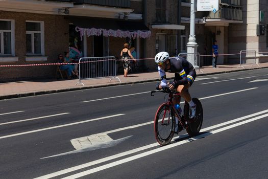 MINSK, BELARUS - JUNE 25, 2019: Cyclist on Haibike participates in Men Split Start Individual Race at the 2nd European Games event June 25, 2019 in Minsk, Belarus