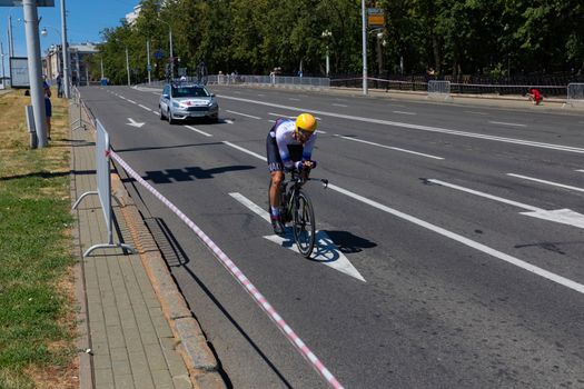 MINSK, BELARUS - JUNE 25, 2019: Cyclist from Slovakia Canecky participates in Men Split Start Individual Race at the 2nd European Games event June 25, 2019 in Minsk, Belarus