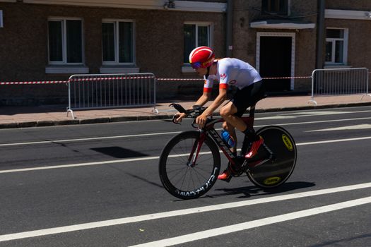 MINSK, BELARUS - JUNE 25, 2019: Cyclist Petrovski participates in Men Split Start Individual Race at the 2nd European Games event June 25, 2019 in Minsk, Belarus