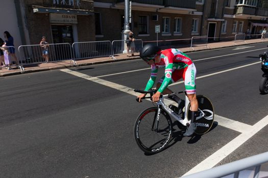 MINSK, BELARUS - JUNE 25, 2019: Cyclist from Hungary Pelikan participates in Men Split Start Individual Race at the 2nd European Games event June 25, 2019 in Minsk, Belarus