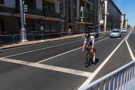 MINSK, BELARUS - JUNE 25, 2019: Cyclist from Moldova Asadov participates in Men Split Start Individual Race at the 2nd European Games event June 25, 2019 in Minsk, Belarus