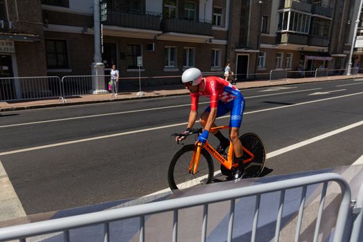 MINSK, BELARUS - JUNE 25, 2019: Cyclist from Croatia Barac participates in Men Split Start Individual Race at the 2nd European Games event June 25, 2019 in Minsk, Belarus