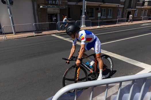 MINSK, BELARUS - JUNE 25, 2019: Cyclist from Moldova Asadov participates in Men Split Start Individual Race at the 2nd European Games event June 25, 2019 in Minsk, Belarus