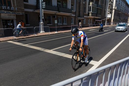 MINSK, BELARUS - JUNE 25, 2019: Cyclist from Moldova Asadov participates in Men Split Start Individual Race at the 2nd European Games event June 25, 2019 in Minsk, Belarus