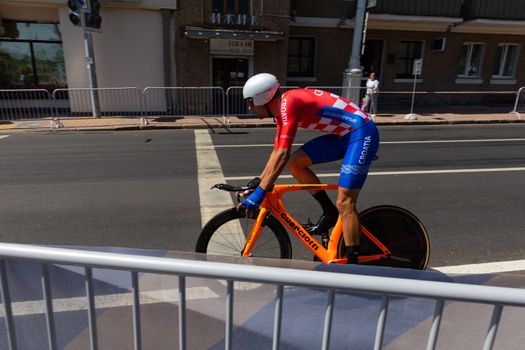 MINSK, BELARUS - JUNE 25, 2019: Cyclist from Croatia Barac participates in Men Split Start Individual Race at the 2nd European Games event June 25, 2019 in Minsk, Belarus