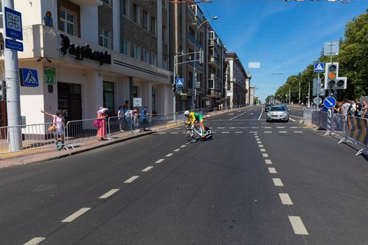 MINSK, BELARUS - JUNE 25, 2019: Cyclist from Lithuania Navardauskas participates in Men Split Start Individual Race at the 2nd European Games event June 25, 2019 in Minsk, Belarus