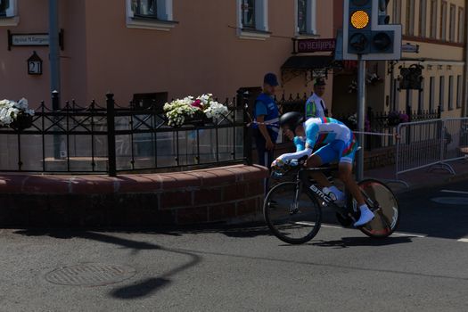 MINSK, BELARUS - JUNE 25, 2019: Cyclist from Azerbaijan participates in Men Split Start Individual Race at the 2nd European Games event June 25, 2019 in Minsk, Belarus