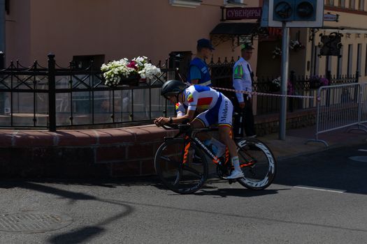 MINSK, BELARUS - JUNE 25, 2019: Cyclist from Moldova Asadov participates in Men Split Start Individual Race at the 2nd European Games event June 25, 2019 in Minsk, Belarus