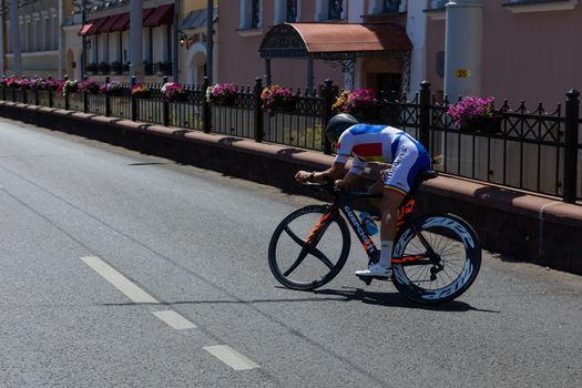 MINSK, BELARUS - JUNE 25, 2019: Cyclist from Moldova Asadov participates in Men Split Start Individual Race at the 2nd European Games event June 25, 2019 in Minsk, Belarus