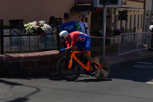 MINSK, BELARUS - JUNE 25, 2019: Cyclist from Croatia Barac participates in Men Split Start Individual Race at the 2nd European Games event June 25, 2019 in Minsk, Belarus