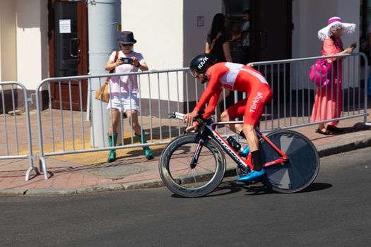 MINSK, BELARUS - JUNE 25, 2019: Cyclist from Turkey participates in Men Split Start Individual Race at the 2nd European Games event June 25, 2019 in Minsk, Belarus