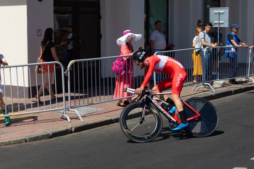 MINSK, BELARUS - JUNE 25, 2019: Cyclist from Turkey participates in Men Split Start Individual Race at the 2nd European Games event June 25, 2019 in Minsk, Belarus