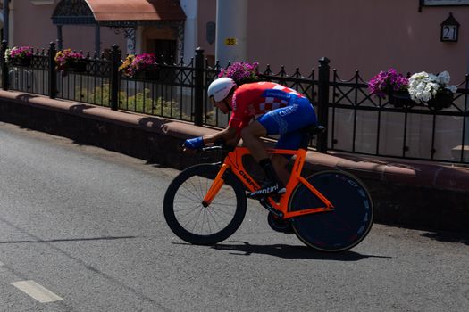 MINSK, BELARUS - JUNE 25, 2019: Cyclist from Croatia Barac participates in Men Split Start Individual Race at the 2nd European Games event June 25, 2019 in Minsk, Belarus