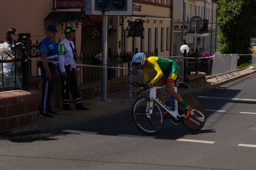 MINSK, BELARUS - JUNE 25, 2019: Cyclist from Lithuania Navardauskas participates in Men Split Start Individual Race at the 2nd European Games event June 25, 2019 in Minsk, Belarus