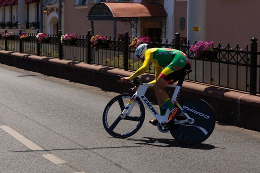 MINSK, BELARUS - JUNE 25, 2019: Cyclist from Lithuania Navardauskas participates in Men Split Start Individual Race at the 2nd European Games event June 25, 2019 in Minsk, Belarus