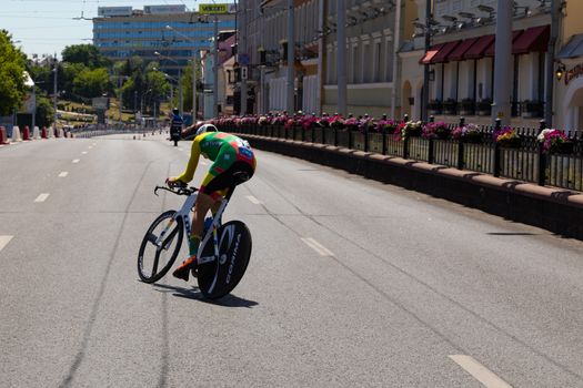 MINSK, BELARUS - JUNE 25, 2019: Cyclist from Lithuania Navardauskas participates in Men Split Start Individual Race at the 2nd European Games event June 25, 2019 in Minsk, Belarus