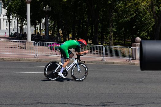 MINSK, BELARUS - JUNE 25, 2019: Cyclist from Ireland on Pinarello bike participates in Men Split Start Individual Race at the 2nd European Games event June 25, 2019 in Minsk, Belarus