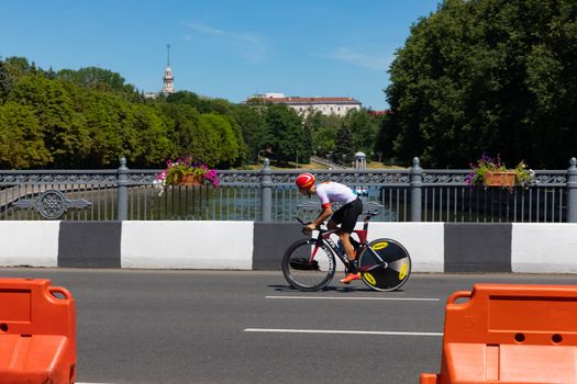 MINSK, BELARUS - JUNE 25, 2019: Cyclist participates in Men Split Start Individual Race at the 2nd European Games event June 25, 2019 in Minsk, Belarus