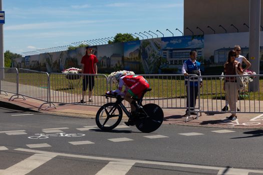 MINSK, BELARUS - JUNE 25, 2019: Cyclist from Belarus Kiryienka participates in Men Split Start Individual Race at the 2nd European Games event June 25, 2019 in Minsk, Belarus