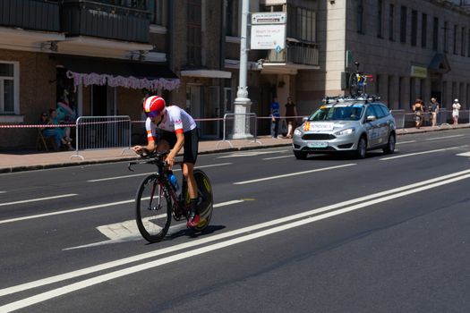 MINSK, BELARUS - JUNE 25, 2019: Cyclist Petrovski participates in Men Split Start Individual Race at the 2nd European Games event June 25, 2019 in Minsk, Belarus