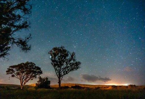 Romantic landscape under stars night sky