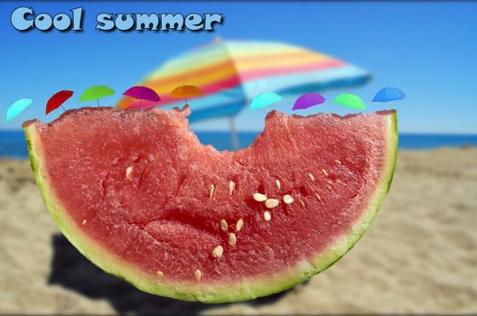 slice of watermelon with bite beach background and umbrellas on top