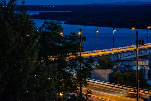 Bridge over the Amur river in Khabarovsk, Russia. Night photography.