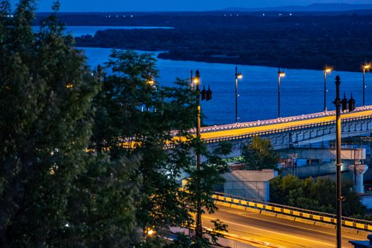 Bridge over the Amur river in Khabarovsk, Russia. Night photography.