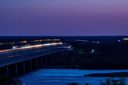 Bridge over the Amur river in Khabarovsk, Russia. Night photography.