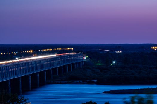 Bridge over the Amur river in Khabarovsk, Russia. Night photography.