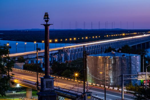 Bridge over the Amur river in Khabarovsk, Russia. Night photography.