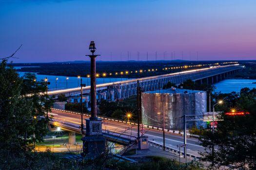 Bridge over the Amur river in Khabarovsk, Russia. Night photography.