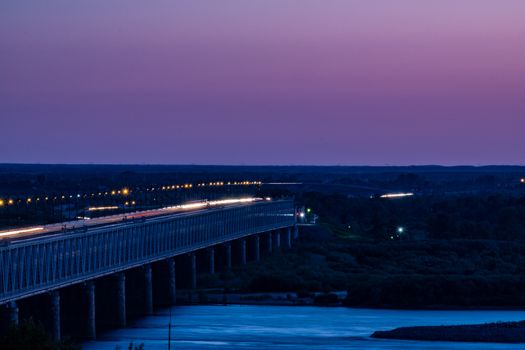 Bridge over the Amur river in Khabarovsk, Russia. Night photography.