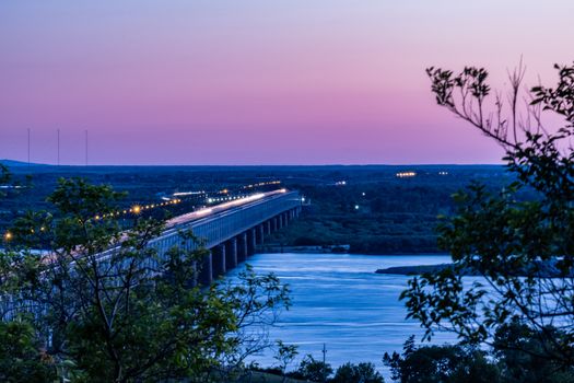 Bridge over the Amur river in Khabarovsk, Russia. Night photography.