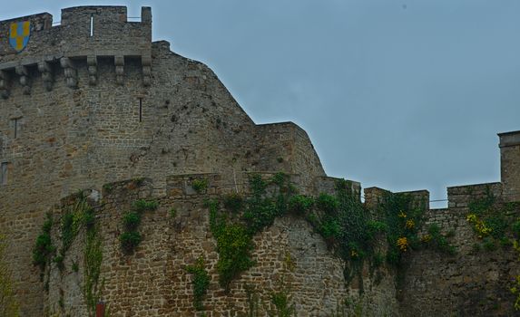 Stone wall with shield at fortress in Avranches, France